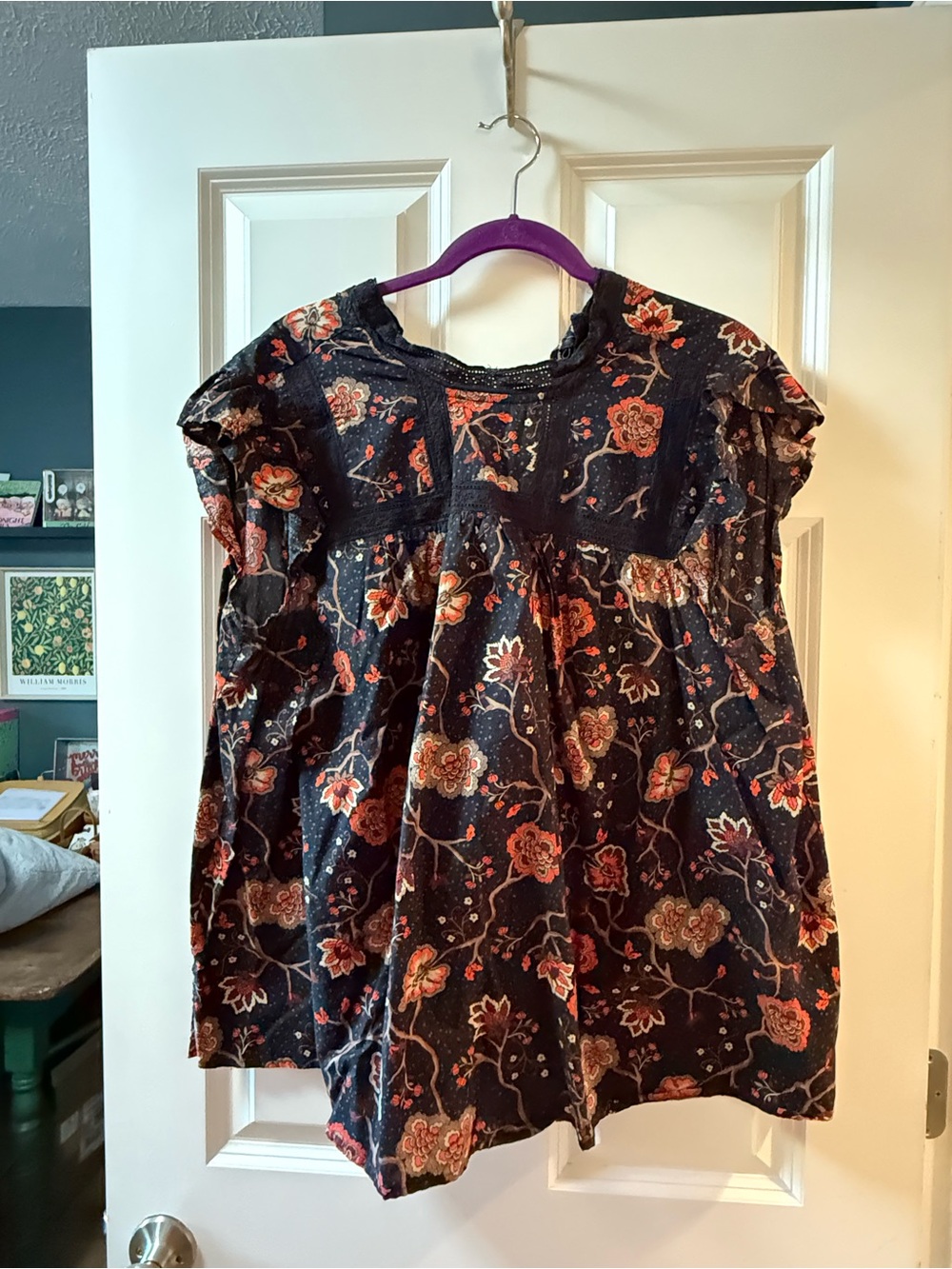 Lane Bryant Navy Floral Ruffle Sleeve Dress with Coral and Pink Blooms